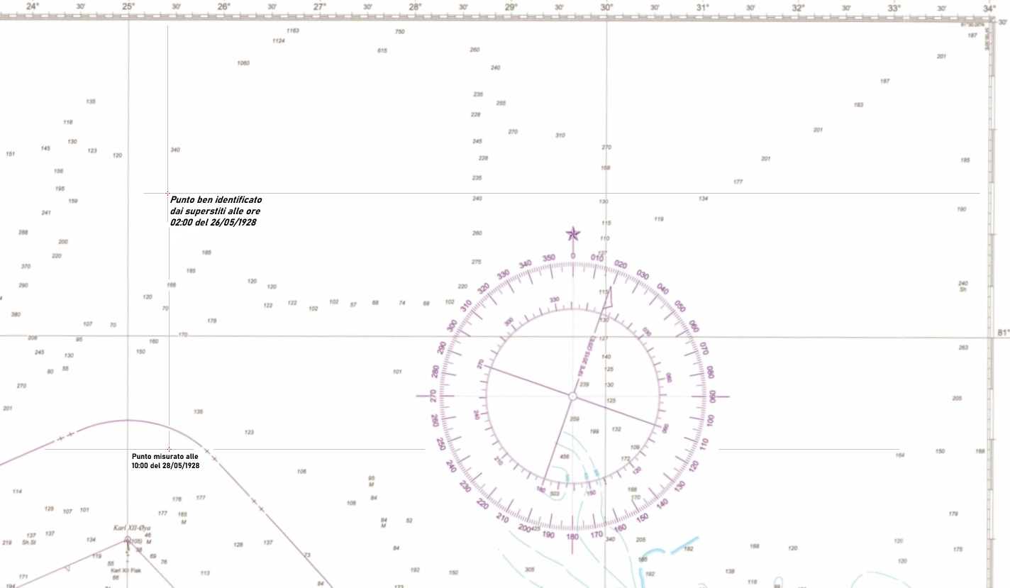 Riquadro mappale con quote batimetriche dell'areale artico, a Nord-Est delle Svalbard, del luogo d'impatto (25 Maggio 2025 ore 10:30 GMT) e del successivo rilevamento del 28 Maggio 2025 ore 10:00 GMT