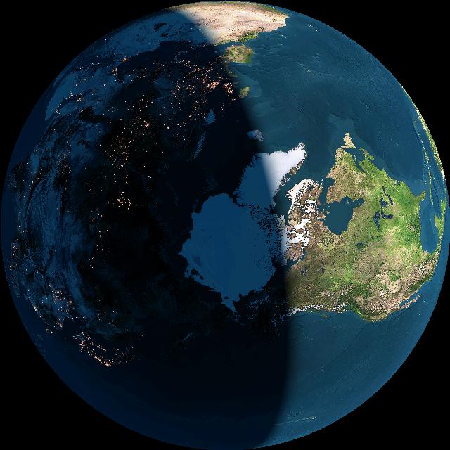 Proiezione artica polare terrestre con il relativo terminatore che influenza le trasmissioni radio ed i collegamenti relativi.