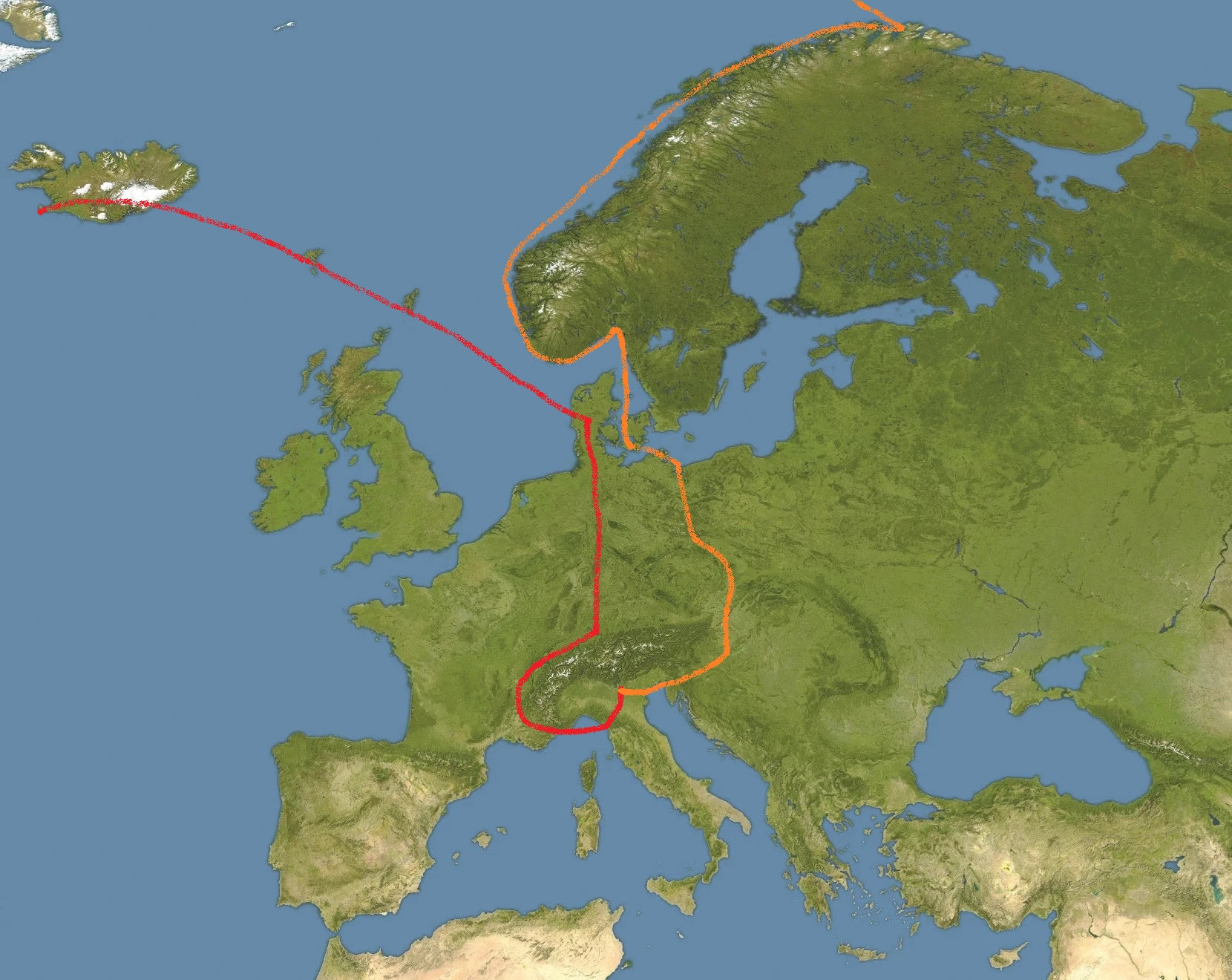 Rotte di trasferimento in andata (Rossa) e ritorno (Arancio)