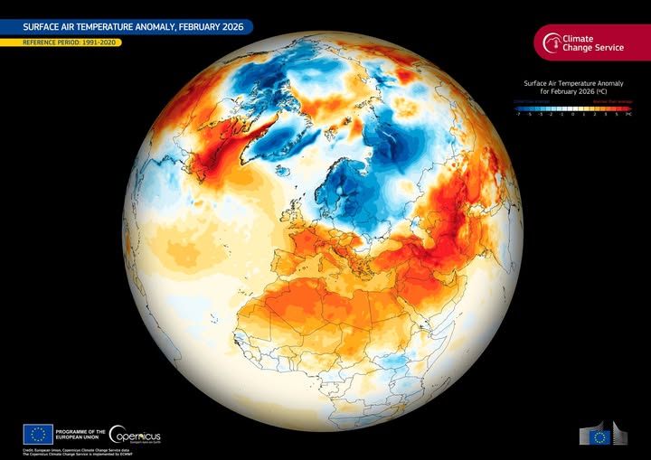 Satellite Copernicus - Anomalie termiche nella superficie terrestre - Feb. 2026