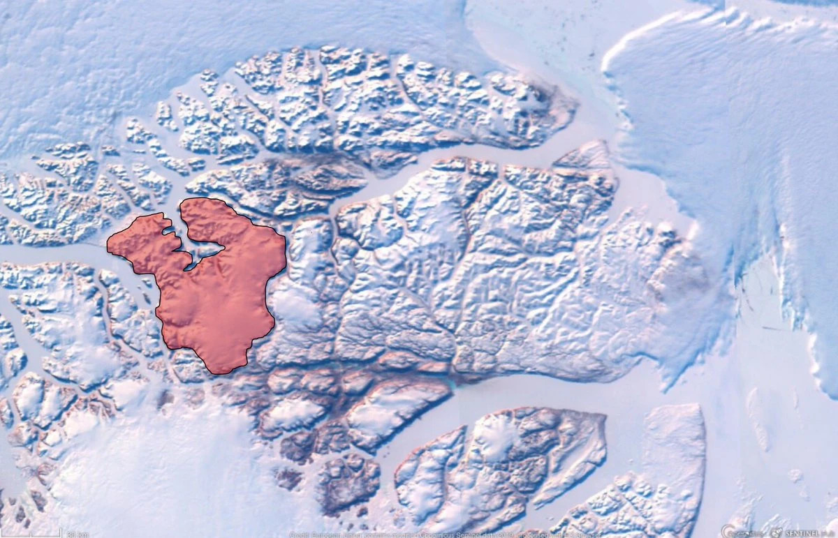 Mappale satellitare con rilievo della Calotta glaciale H. Tausen.
