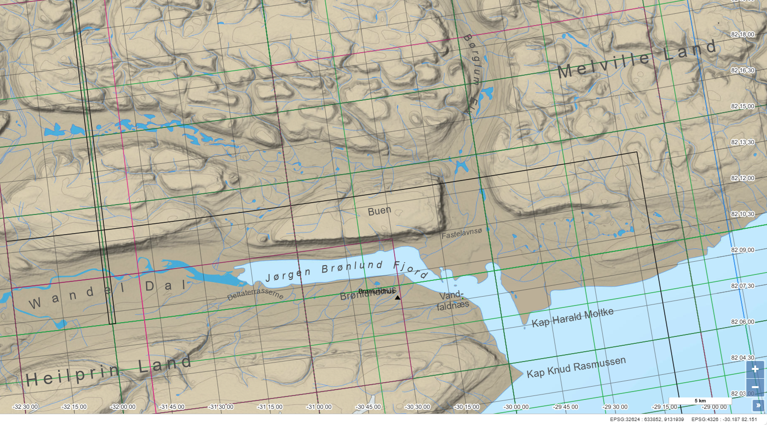 Mappale del riquadro tra il Fiordo dell'Indipendenza e quello di Jorgen Bronlund.
