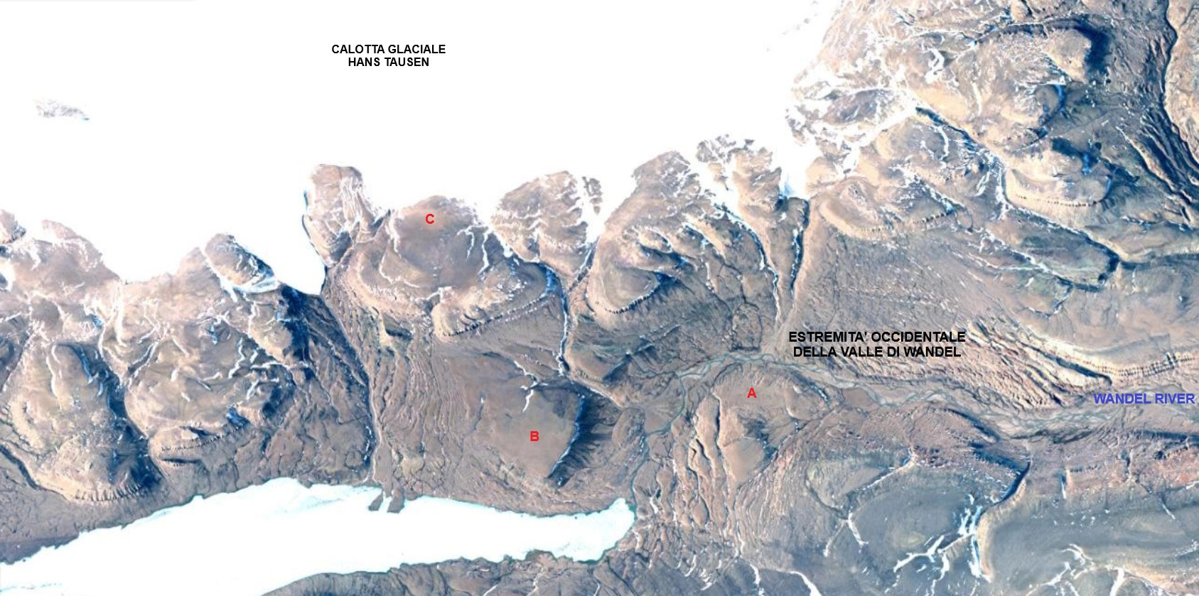 Previsti punti di sbarco all'estremità occidentale della Valle di Wandel ed a sud della Calotta glaciale H. Tausen.
