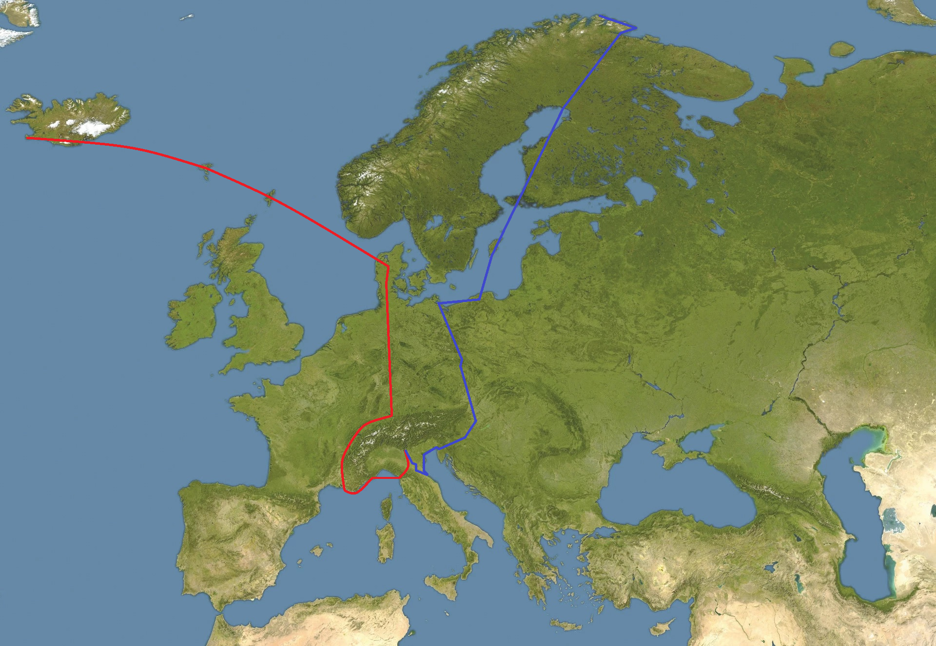 Rotte di trasferimento in andata (Rossa) e ritorno (Blu)